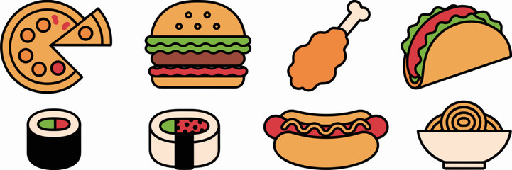 Vector illustration of pizza, burger, fried chicken, taco, sushi, hot dog, and spaghetti – Perfect for fast food marketing, food blog headers, or takeout ads