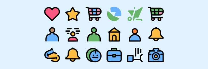 Vector icon sheet of colorful everyday symbols &ndash; Perfect for UI/UX projects, web design, or infographic elements.