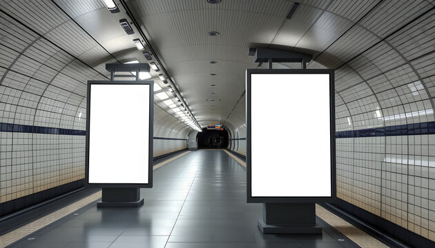 2 blank vertical advertising banners posters mockup in underground tunnel walkway; out-of-home OOH media display space, lightbox; 6 sheet template, silhouette. White tone