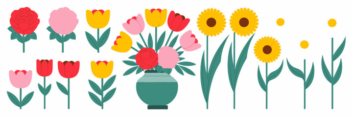 Obraz premium Colorful vector illustration of flowers and vase on white background – Perfect for floral branding, greeting cards, or spring promotions.