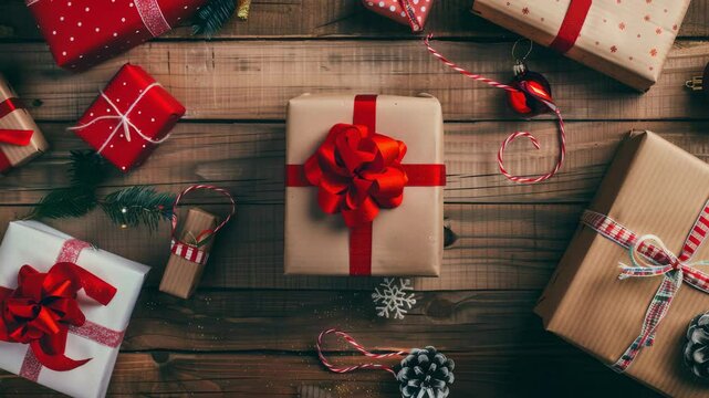 A cozy scene of beautifully wrapped gifts on a wooden surface, a pair of hands holds a carefully wrapped present adorned with a red ribbon and bow, perfect for gifting season.
