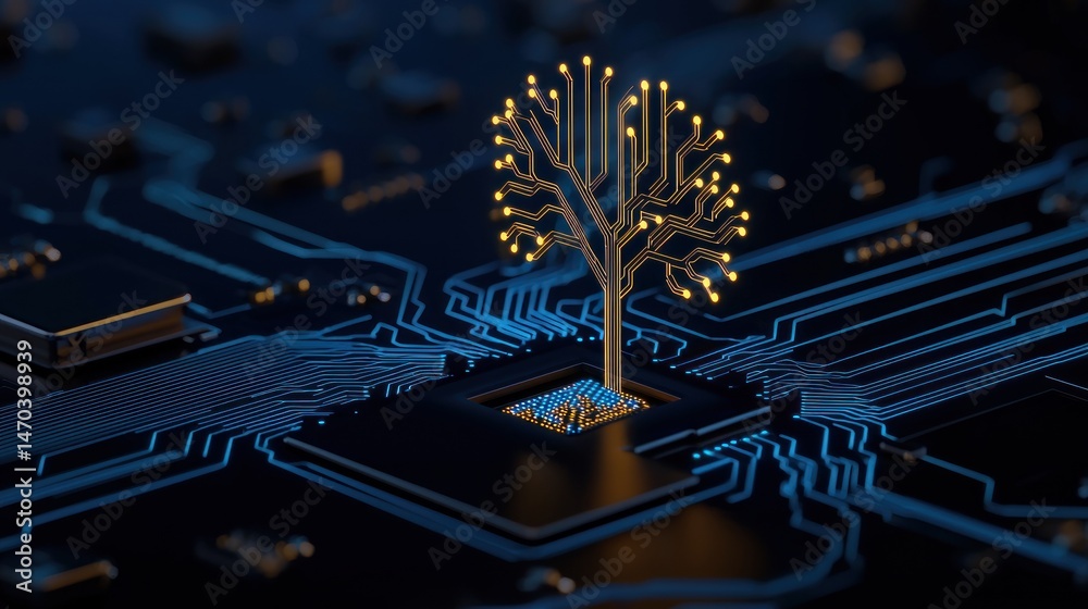 Poster a glowing circuit tree symbolizes technological digital growth and innovation