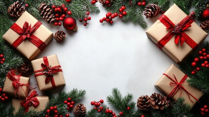 Festive christmas gifts surrounded by greenery and red accents