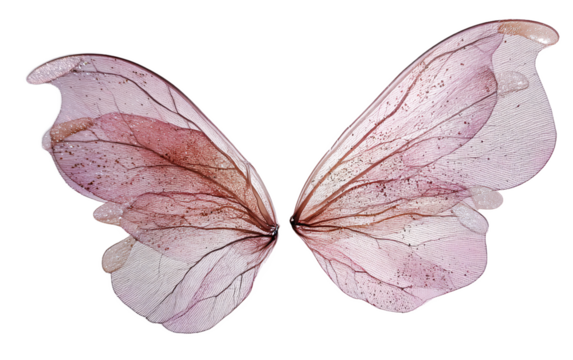 fantasy fairy wings with transparent iridescent and petal textures on transparent background, isolated illustration for magical costume design digital art or fantasy elements