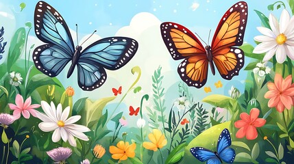 Butterflies flitting over wildflower garden blooming in sunlight