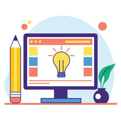 Bright Idea on Computer Screen with Pencil and Plant Pot Illustration