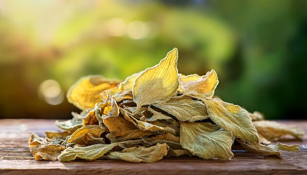 pile of dried mullein leaves for herbal tea with blurred natural green background close up
