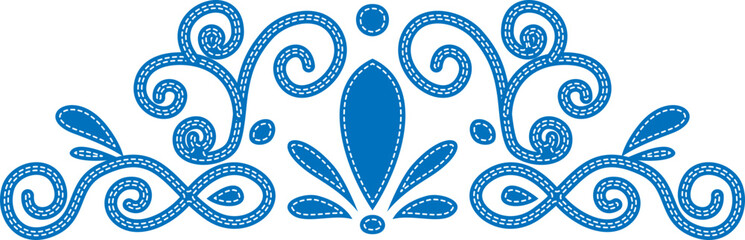 Blue embroidered floral swirl ornament with stitched contour. Decorative vector template for folk art pattern. Design for banner, greeting, card, invitation.