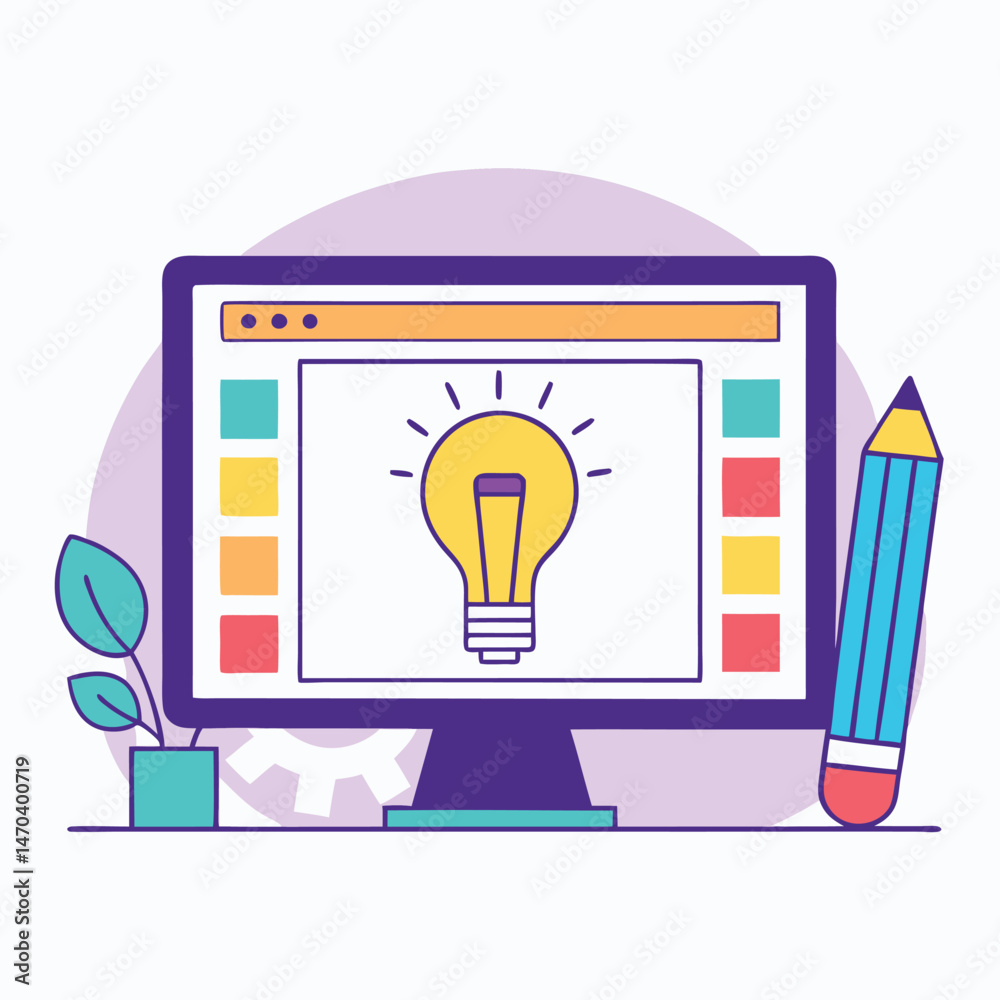 Fototapete Bright Idea Generation on Computer Screen with Color Palette and Pencil