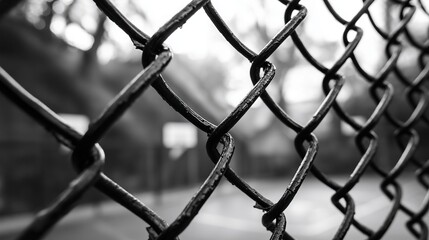Fototapeta premium Black and white photo of fence overlooking basketball court in background during daytime