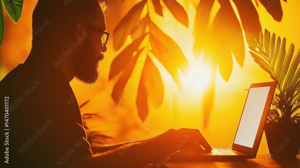 Poster Man using a laptop with a bright warm sunlight in the background