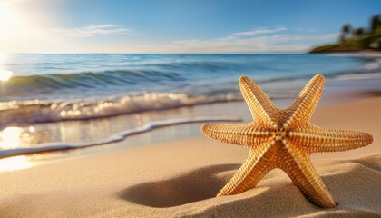 Fototapeta na wymiar a serene beach scene featuring a starfish on golden sand with gentle ocean waves in the background
