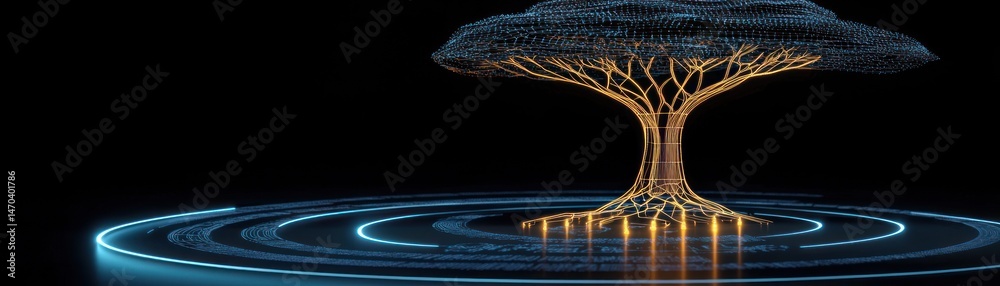 Poster a glowing digital tree stands in front of a dark background