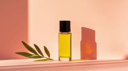 A roll on bottle sits with leaf against pink background