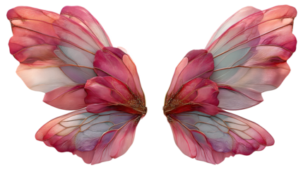 fantasy fairy wings with transparent iridescent and petal textures on transparent background, isolated illustration for magical costume design digital art or fantasy elements