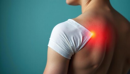 Fototapeta premium Close-up of a bandaged shoulder, showing signs of injury and recovery , MRI, tendon, wellbeing