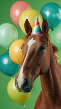 Horse wearing party hat with balloons for birthday celebration