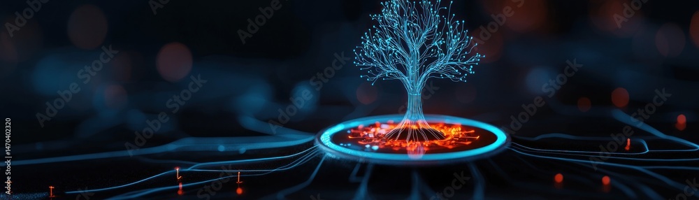 Poster a futuristic digital tree growing in a technological glowing setting