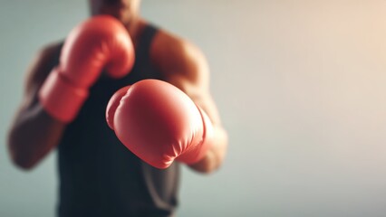 Male boxer wearing red gloves and black tank top, punching toward the camera against a clean neutral background. Action sports, fitness, martial arts, strength. Image with copy space