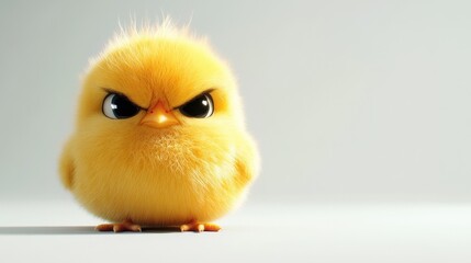 fluffy,yellow baby chick with an angry expression on its face. fold your arms forward. white background. to empty copy space right side.