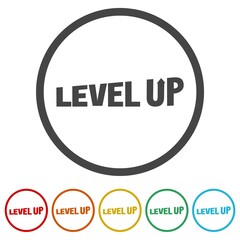 Level up word icon. Set icons in color circle buttons