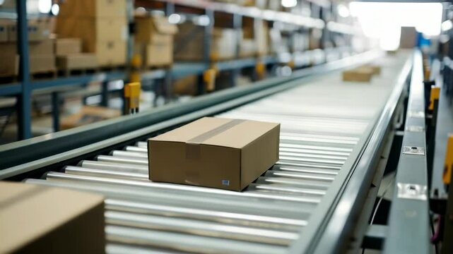 The automated conveyor belt system transports boxes to different areas in a storage warehouse. Streamlining the flow of goods for optimal product distribution and timely delivery.