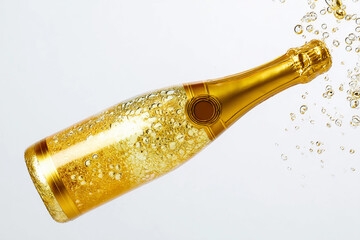 Fototapeta premium Sparkling champagne bottle with bubbles floating in the air against a light background during a celebration