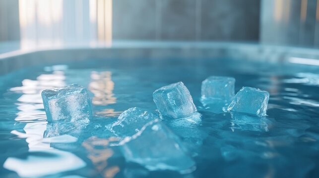Close up view of ice cubes in a refreshing ice bath plunge pool for invigorating recovery