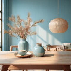 Esszimmer mit pastellblauen St&uuml;hlen und Holztisch