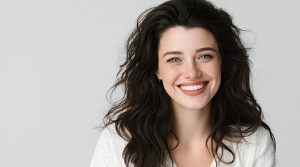 Cheerful woman with bright warm smile and wavy hair portrait of youthful natural beauty and happiness