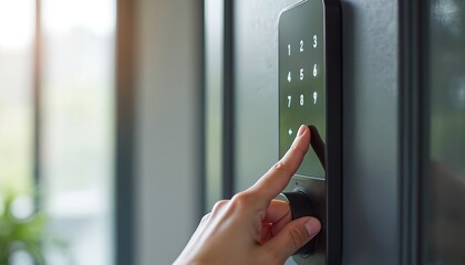 Woman finger entering password code on digital touch screen keypad entry door lock in front of the room. Smart device concept represents home security and safe access. Modern apartment residence.
