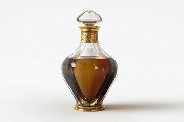 Elegant decanter with golden accents holds amber liquid, studio shot.