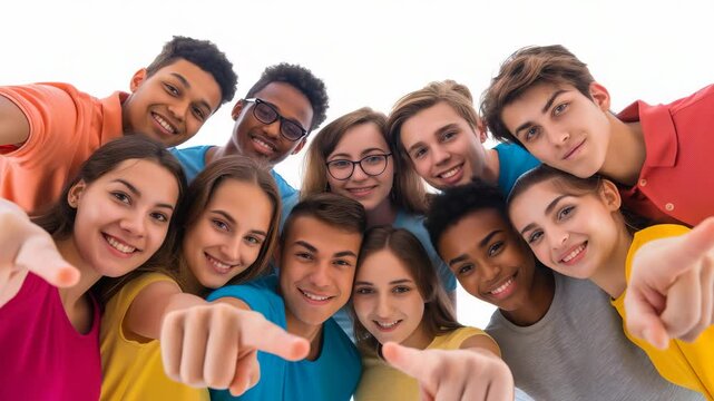 A diverse group of young people are posing together, pointing directly at the camera. The group is tightly framed, their faces filling the shot, conveying a sense of unity and enthusiasm.