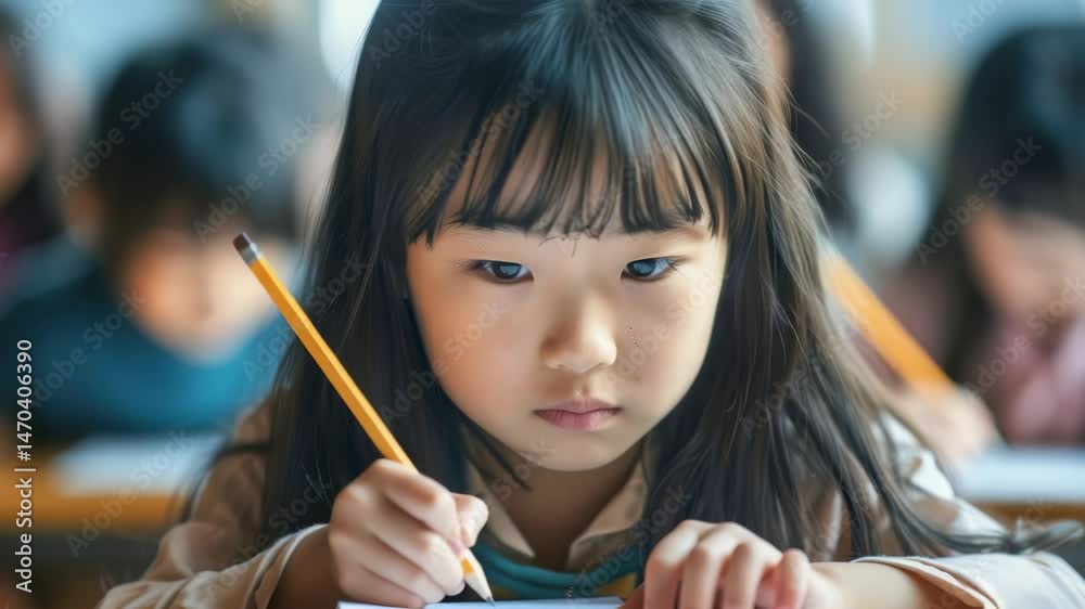 Poster a young girl with dark hair and bangs is intently focused while writing with a pencil. she's in a cl