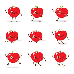 Cute Smiling Red Apple Character. Kawaii Red Fruit Mascot Style Vector. Cute vector character set in various action emotions. Collection symbols isolated on a white background