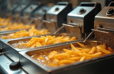 French fries cooking in commercial fryer. Golden potatoes in hot oil, bubbling, restaurant kitchen. Fast food preparation. Catering, restaurant business. Unhealthy snack.