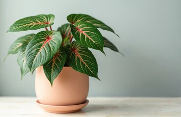 Obraz premium Close-up shot of Maranta leaves with distinctive pattern. Potted houseplant on grey background. Green home decor theme, shows ornamental design. Interior design elements. Marantaceae family plant,