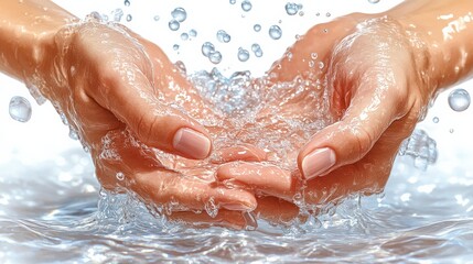 Fototapeta premium Close-up of two hands cupping sparkling water, creating ripples in a serene environment