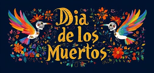 DÃ­a de los Muertos Design with Sugar Skull Bird and Vibrant Floral Border