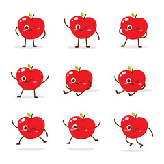 Cute Smiling Red Apple Character. Kawaii Red Fruit Mascot Style Vector. Cute vector character set in various action emotions. Collection symbols isolated on a white background