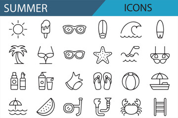A Digital Icon Set Featuring Various Summer Essentials Like Beach Balls and BBQ