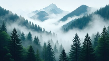 Obraz premium Misty Mountain Forest Landscape with Dark Green Trees