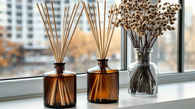 Discover the beauty of reed diffusers and dried flowers enhancing a cozy living space with a city view during fall