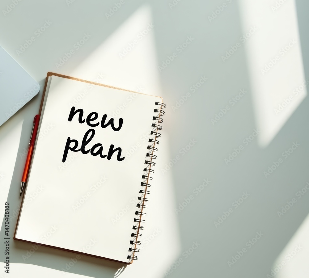 Poster new plan written in notebook on a minimalist desk
