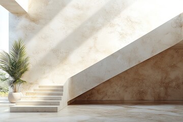 Modern interior staircase with beige stone walls and natural light.
