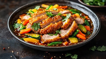 Fototapeta premium Sweet sour pork golden brown crust bright vegetables vibrant sauce plated rustic dark background popular dish from Guangdong province China served worldwide cut out on isolated transparent background