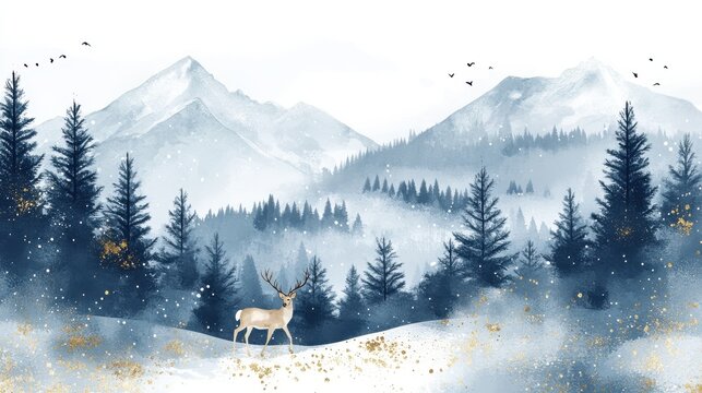 Winter background vector. Hand painted watercolor and gold brush texture, Mountain with snow, pine forest and deer hand drawing. Design for wallpaper, wall arts, cover, wedding and invite card. illus