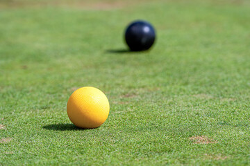 Players prepare for a round of lawn croquet with colorful balls on the green lawn