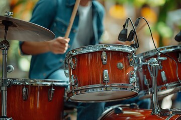 Drummer performing energetic beats at a lively party celebration surrounded by friends and joy