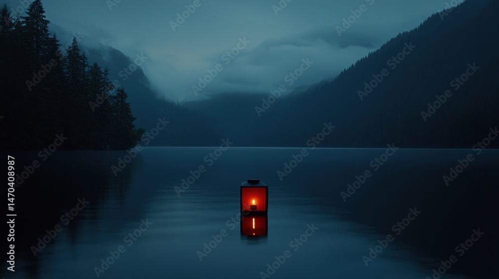 Aufkleber a glowing lantern floating serenely on a tranquil mountain lake